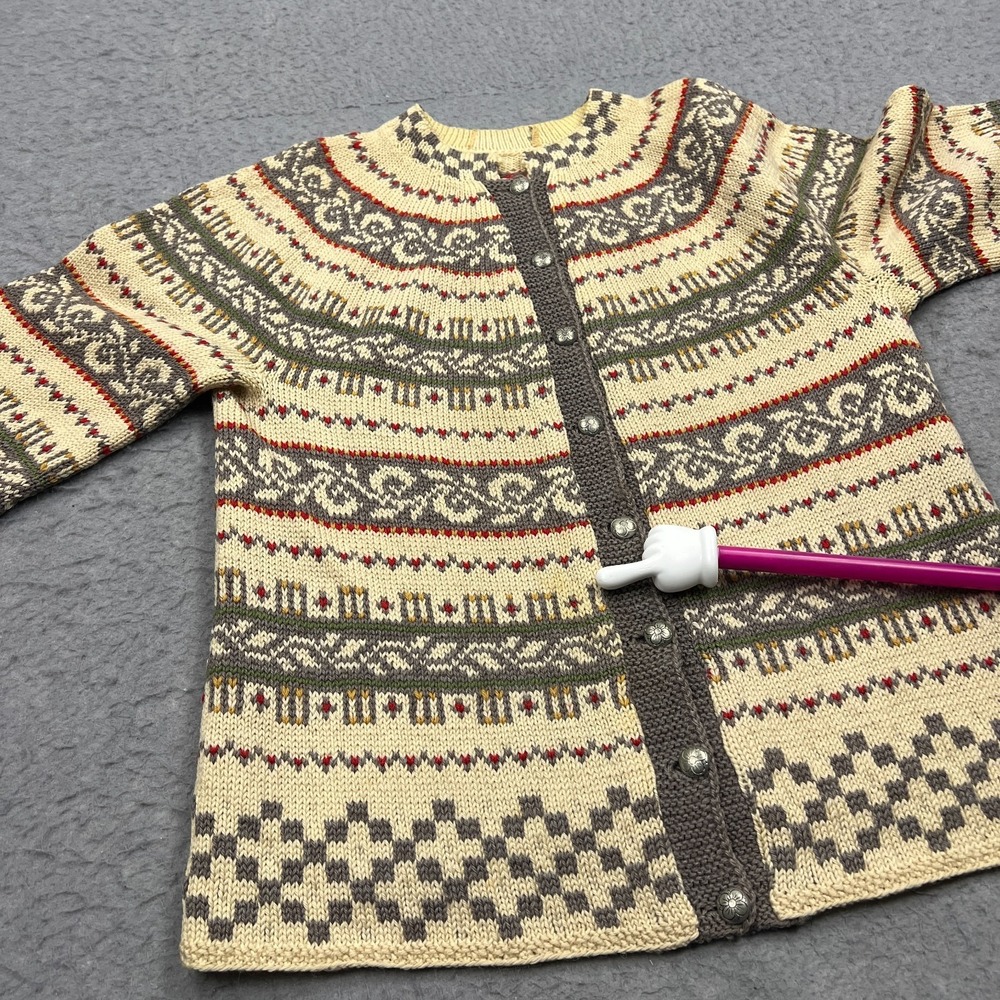 VTG Nordic Cardigan Womens Large* Norwegian Sweater Beige Fair Isle Wool Button - Picture 3 of 11